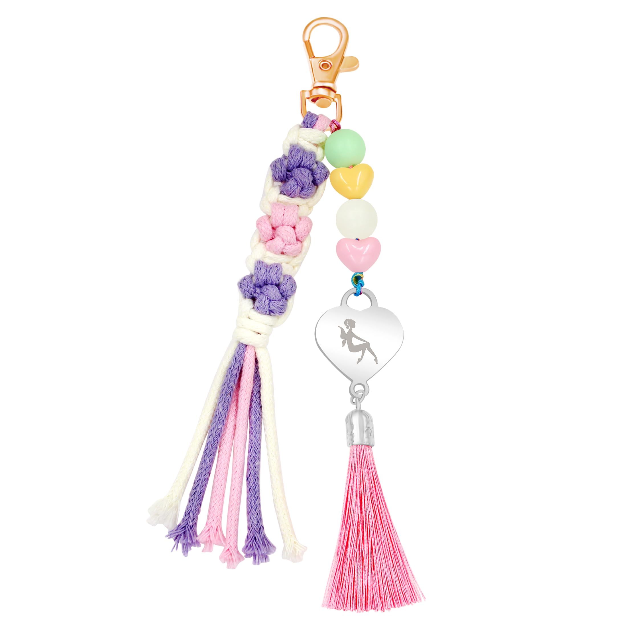 Handmade Flower Tassel Keychain Charm Boho Woven Floral Bag Pendant with Heart Beads for Women