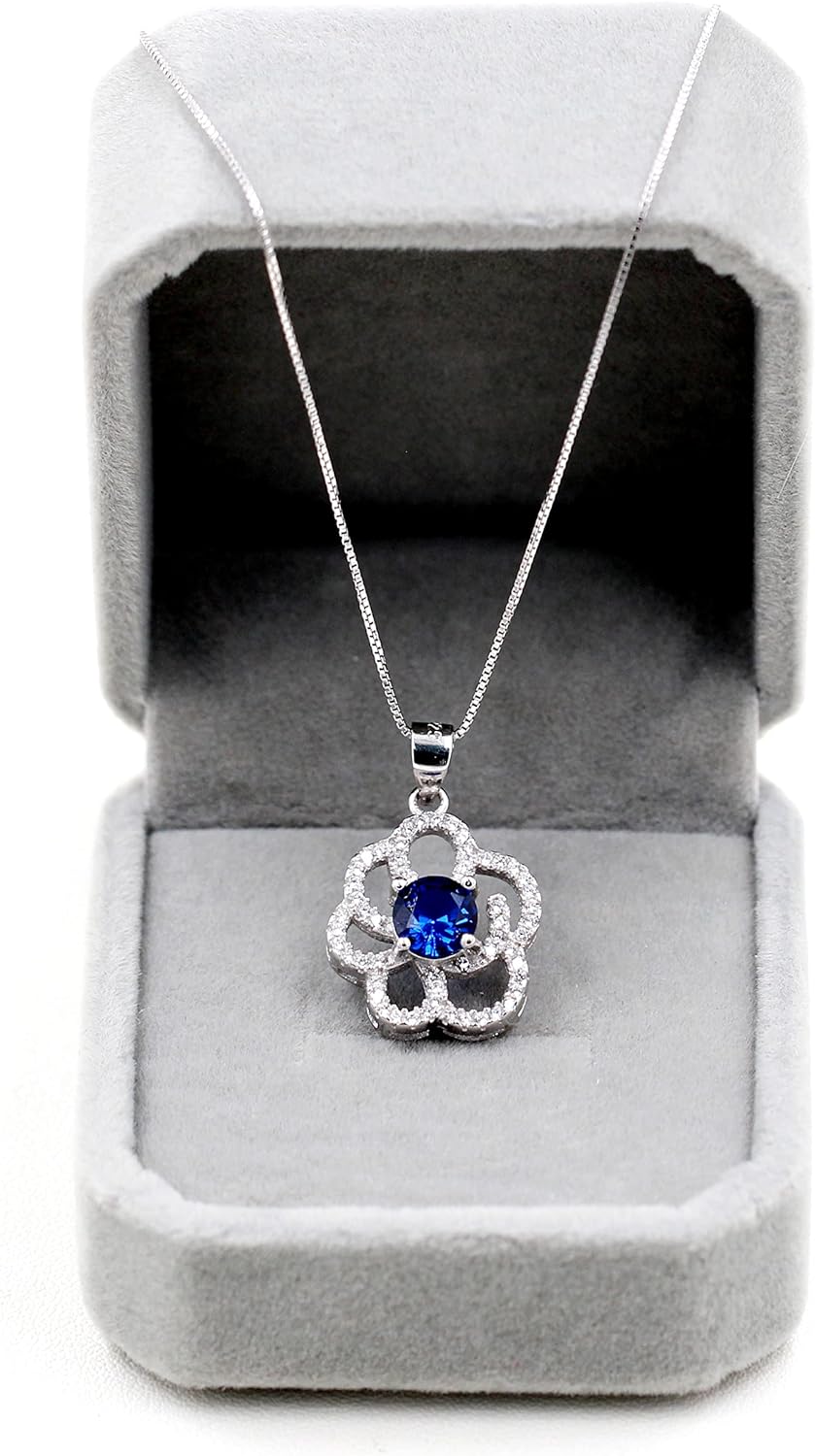 Womens Sterling Silver Blue Corundum Sapphire Birthstone Pendant Sakura Flower Design Elegant Costume Necklace FN402