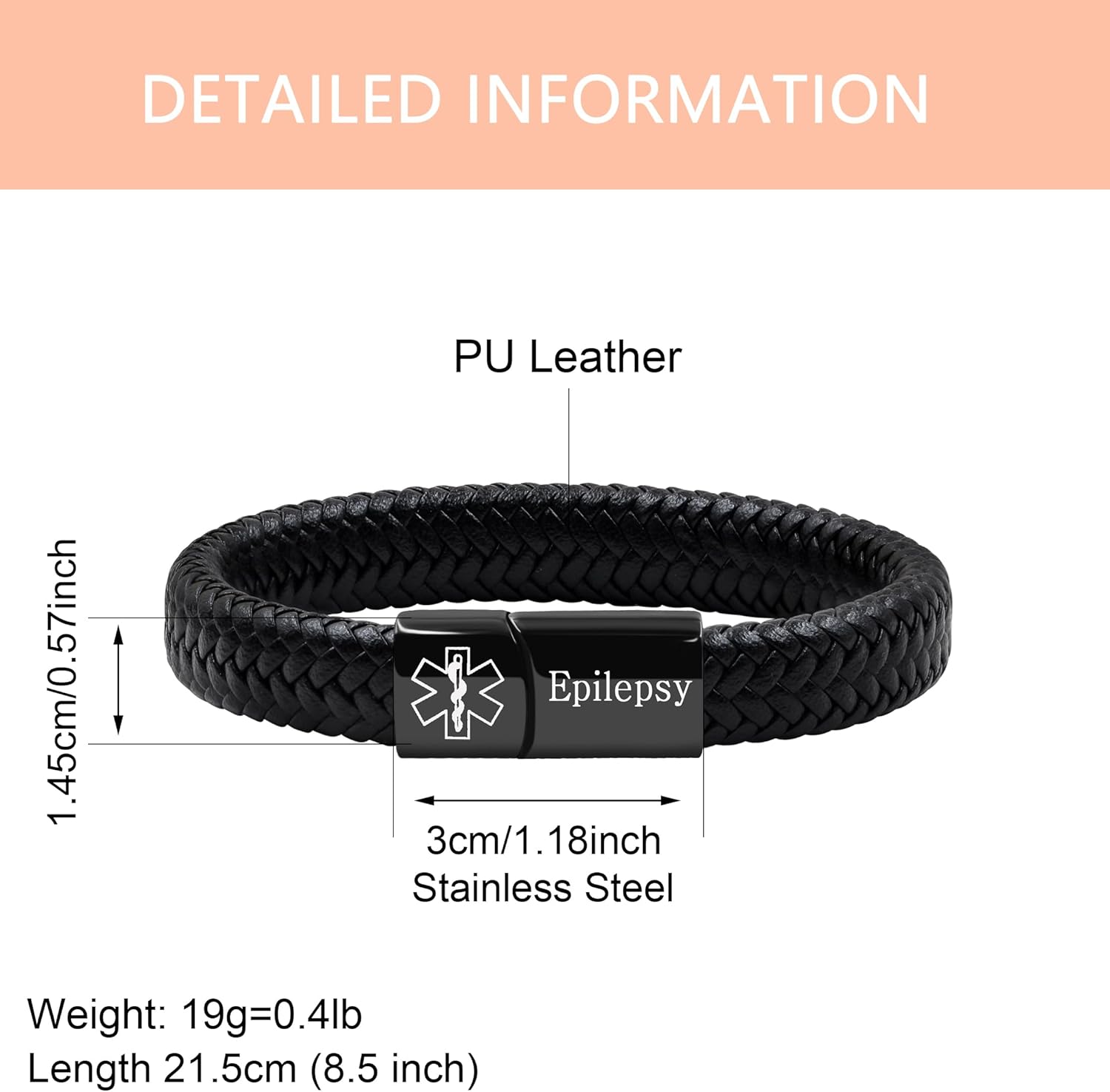 Dynamic QR Code Medical Alert Bracelet for Men Women No Medical Info Needed at Checkout PU Leather Emergency ID Cuff Bracelet Black Stainless Steel Clasp Scan to Update Health Info YA5551
