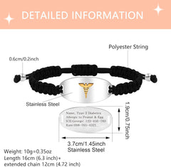 Uloveido Medical Alert Bracelet with Dynamic QR Code and Text Engraving Stainless Steel ID Plate with Floating Golden Caduceus Adjustable Black Braided Rope Emergency Medical ID for Men Women
