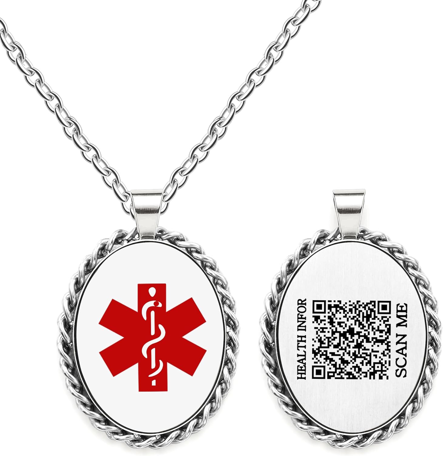 Self Editable QR Code Medical Alert Necklace – Stainless Steel Oval Medical ID Pendant, Update Health Information Anytime for Emergency, Men Women Seniors