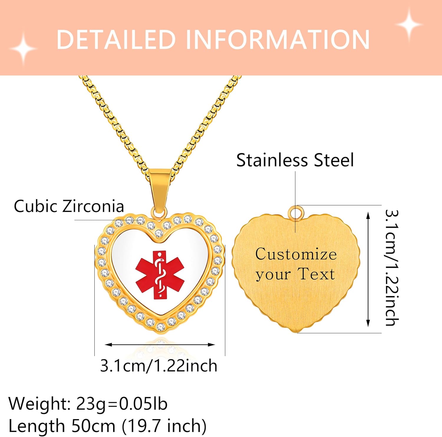 Smart Medical Alert Necklace for Women Dynamic QR Code Heart Pendant 18K Gold Plated Stainless Steel Emergency ID Jewelry with Red Medical Symbol, Scan to Update Health Info, No Engraving Required