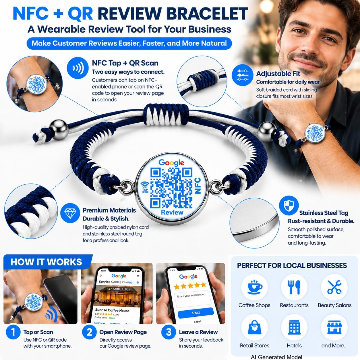 Uloveido NFC QR Bracelet for Google Reviews, Staff Review Wristband