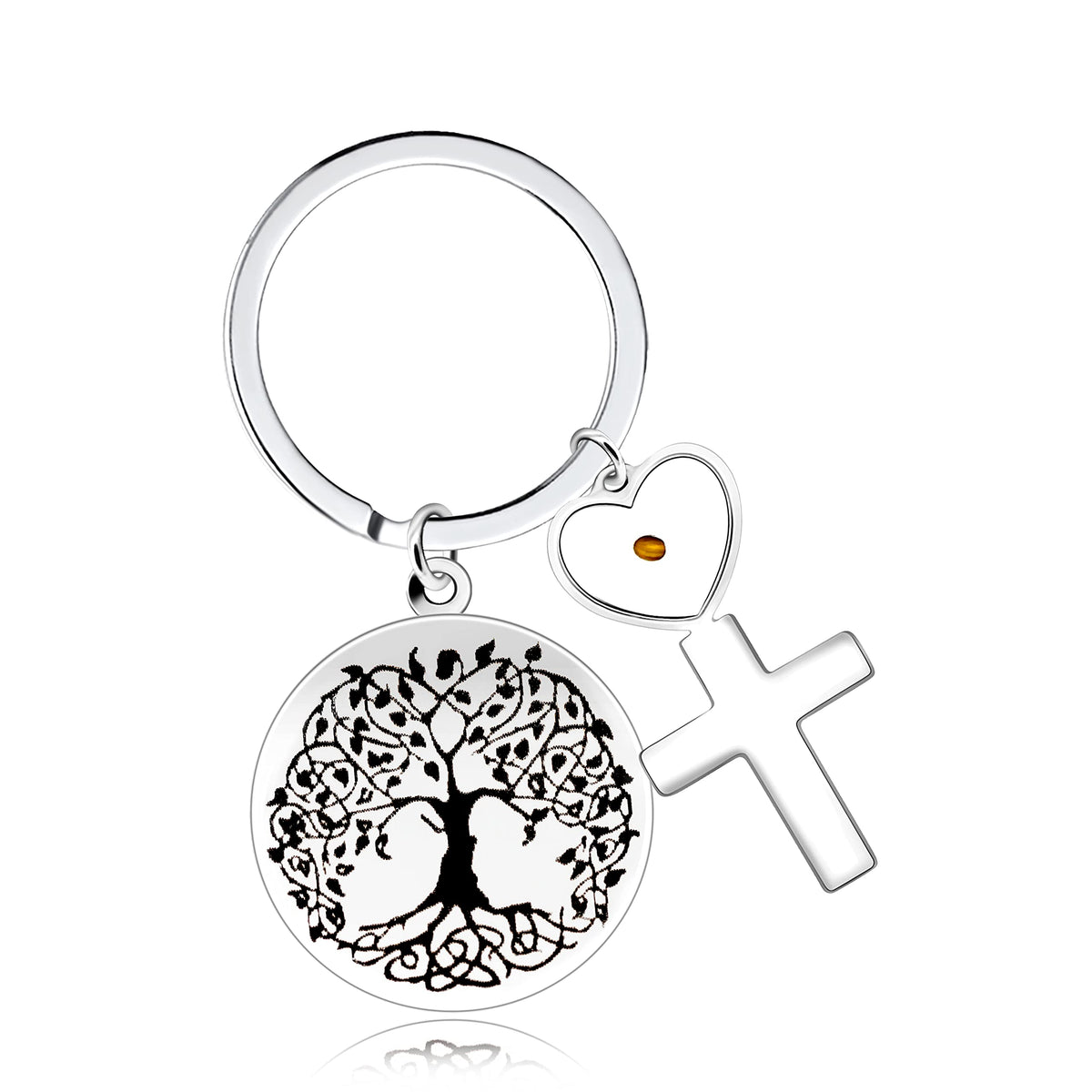 Stainless Steel Tree of Life Mustard Seed Keychain, Christian Faith Key Ring with Real Mustard Seed Charm, Inspirational Family Tree Keychain Gift for Women Men Y764