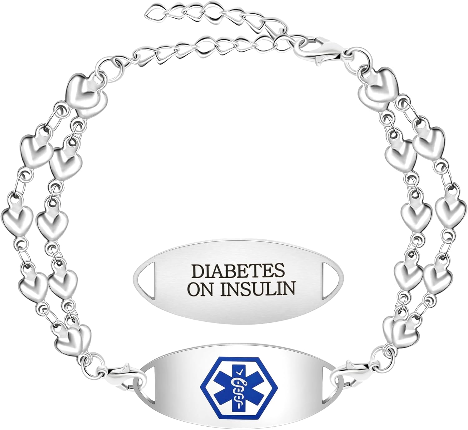 Uloveido Double Love Heart Link Bracelet - Personalized Engraved Medical Alert Jewelry for Blood Disorder, Epilepsy, Diabetes, Asthma, Mental Health, Allergy, and More