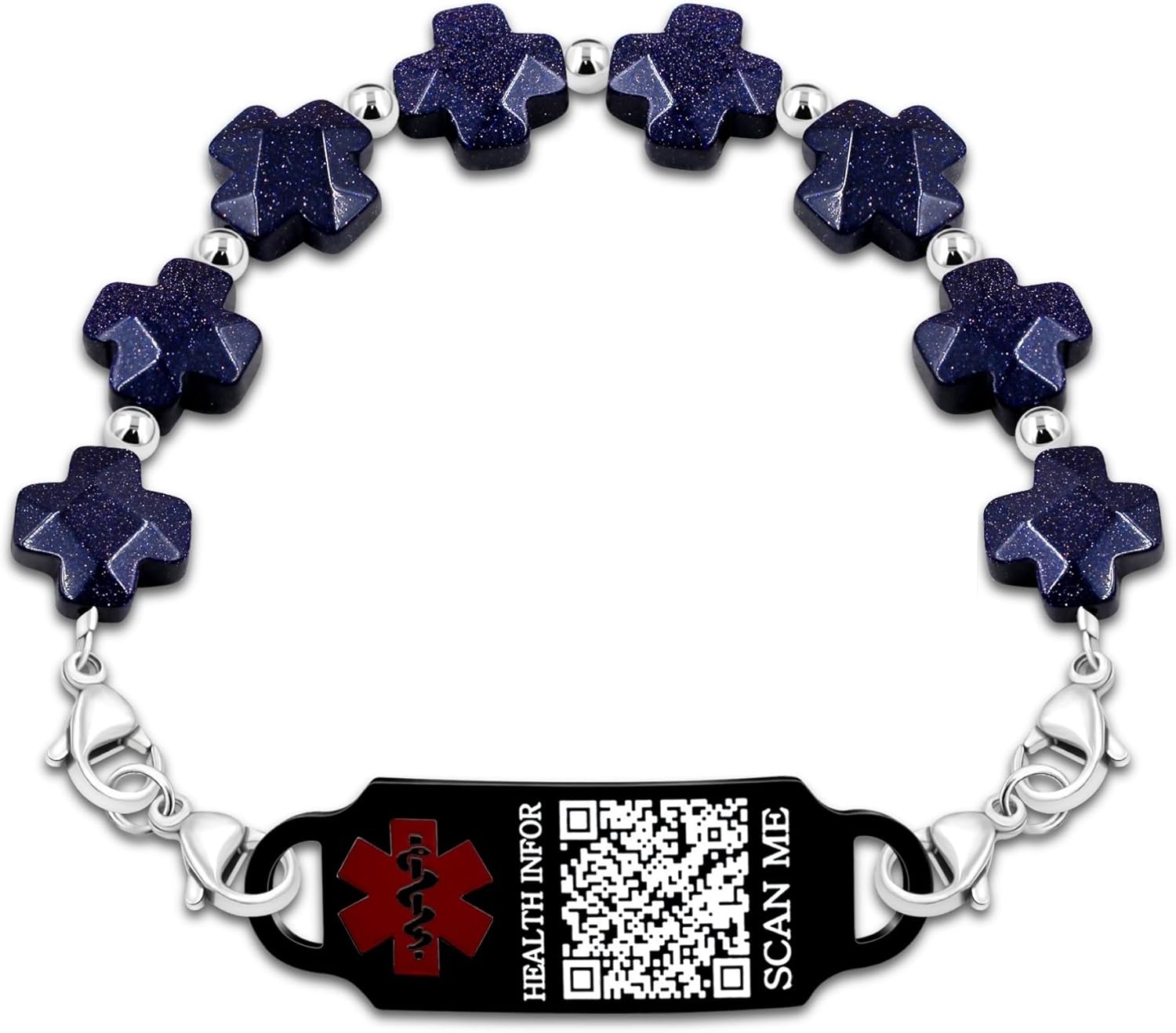 Customized Stainless Steel Medical Alert First Responder ID Tag Bracelet | Double Lobster Clasp Natural Greek Cross Stone Hospital Rescue Bracelet with Rod of Asclepius for Life-Saving