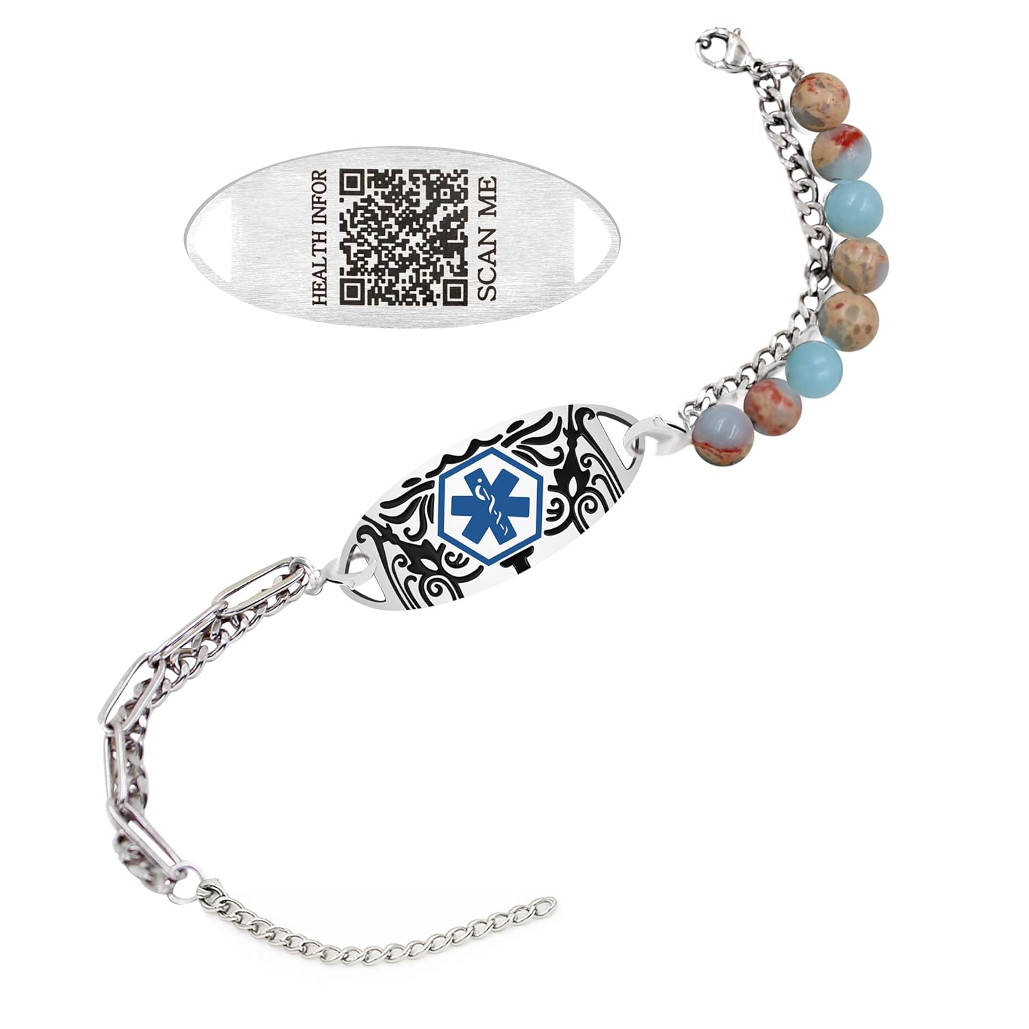 Customized Engraving Grey Map Jasper Double-Strand Medical Alert Bracelet | Stainless Steel Interchangeable Lobster Clasp | Caduceus & Star of Life EMS Bracelets for Seniors & Allergies