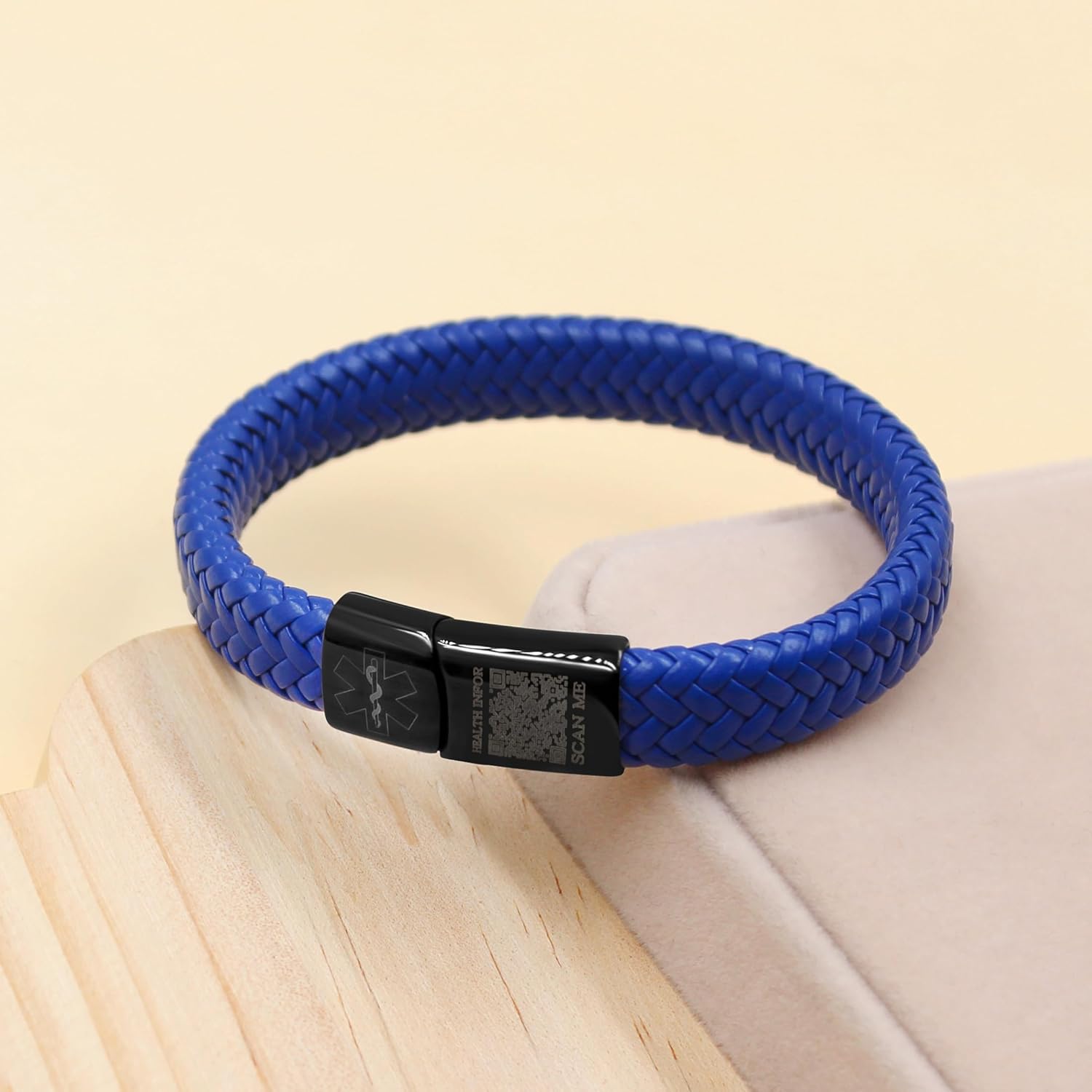 Dynamic QR Code Medical Alert Bracelet for Men Women No Medical Info Needed at Checkout PU Leather Emergency ID Cuff Bracelet Black Stainless Steel Clasp Scan to Update Health Info YA5551