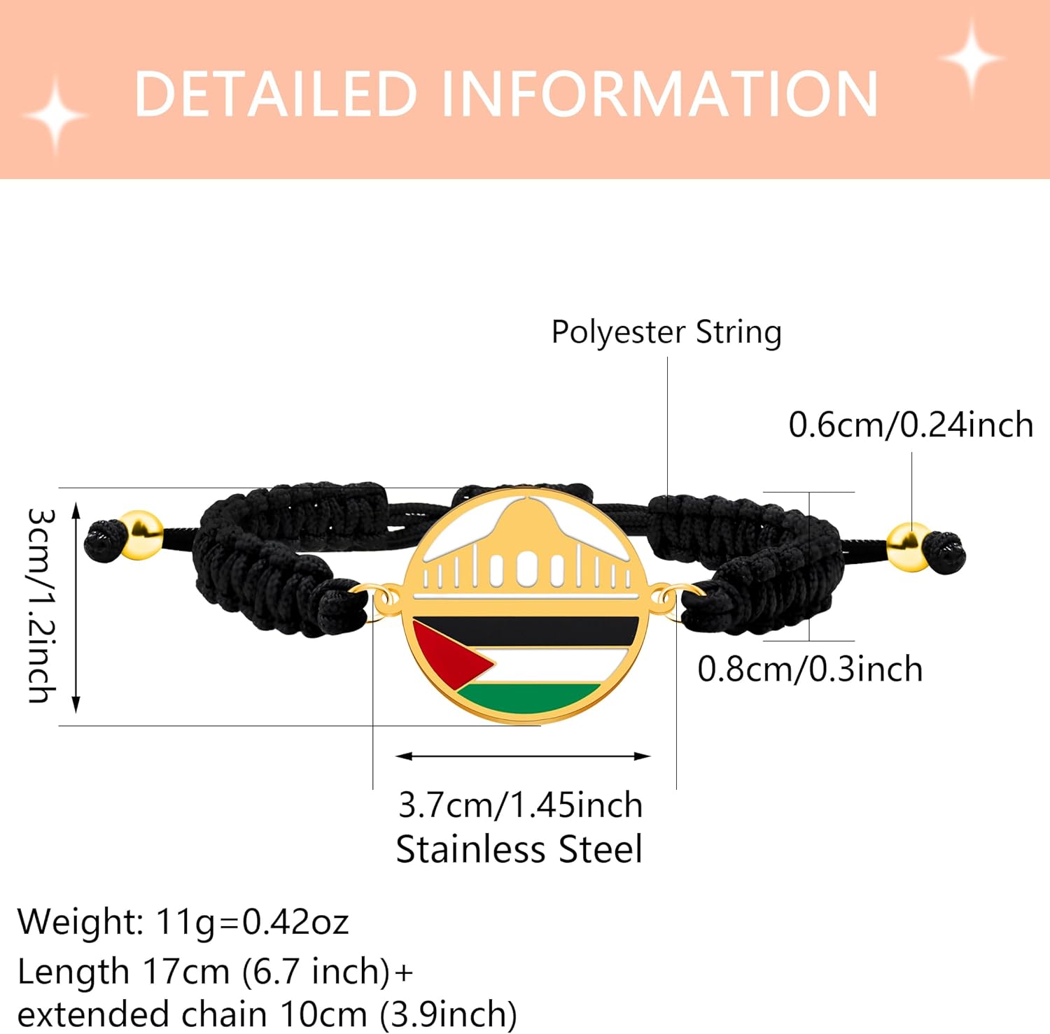 Uloveido Palestine Freedom Bracelet | Islamic Style for Men Women | Golden and White Adjustable Pull String | Arab Pride Resistance Jewelry | Cultural Identity Prayer Rope | YA6014