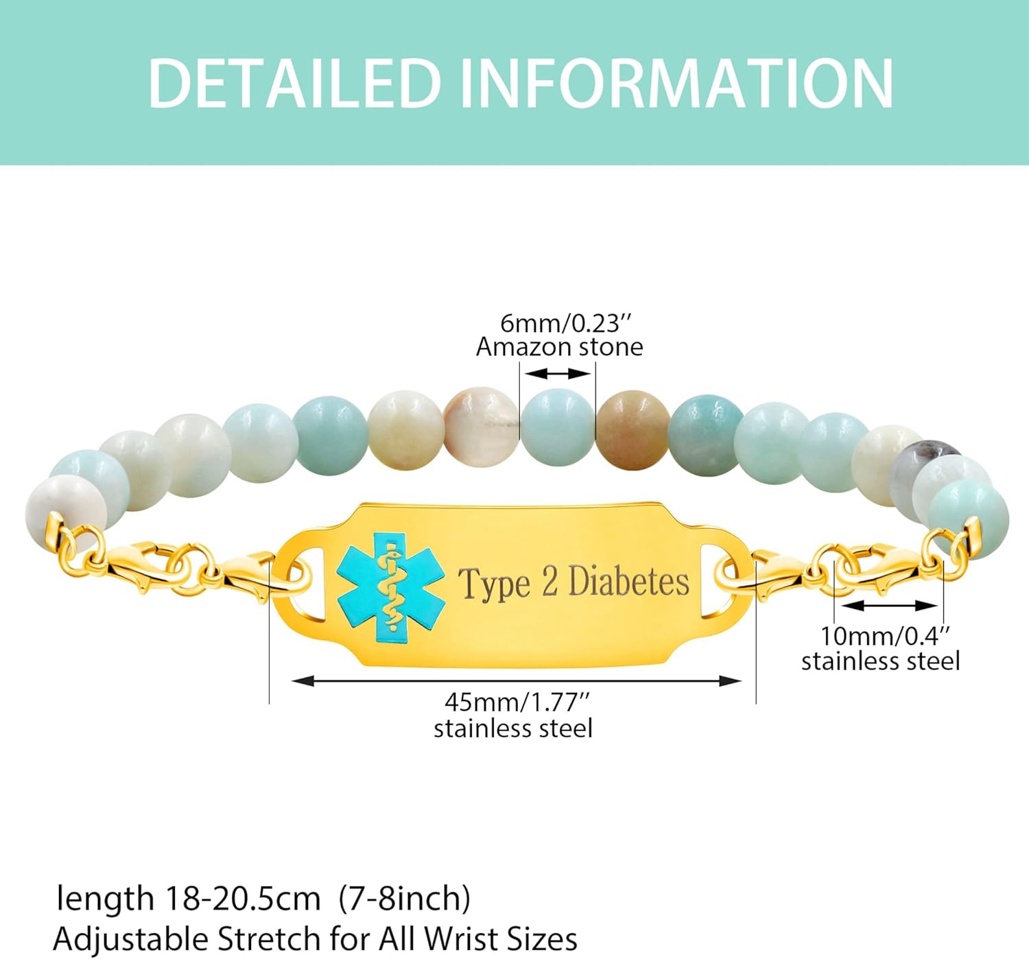 Exquisite Elastic Alert Bracelet for Women, Custom Medical ID Bracelet with Stainless Steel Tag & 6mm Natural Amazon Stone Chain, Secure Fit for Birthdays, Holidays, Family Gatherings