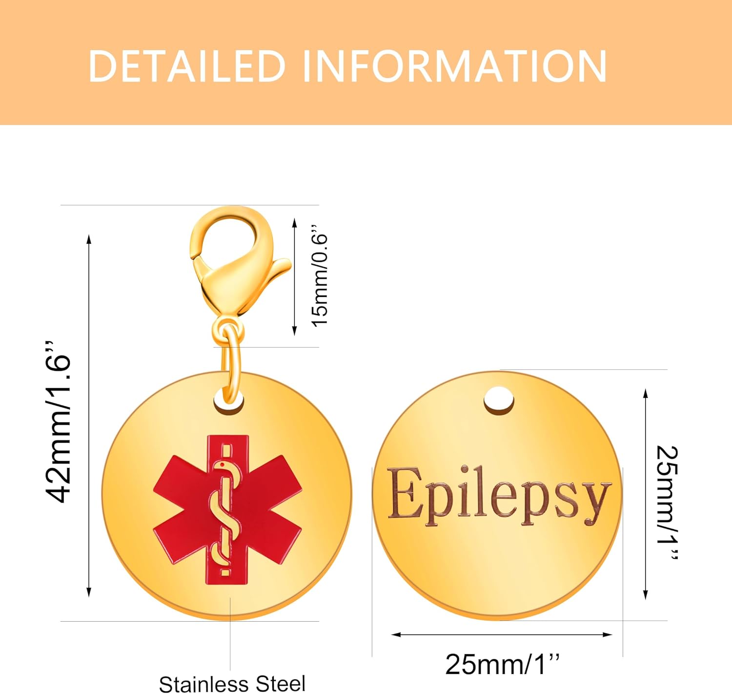 Medical Keychain Round Waterproof Stainless Steel Free Customizable Emergency Medical Jewelry for Men Women Seniors