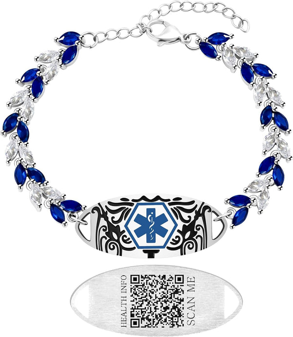 Uloveido Blue & White Leaf CZ Medical Alert Bracelet for Women | Dynamic QR Code or Custom Engraved ID Jewelry | Emergency Contact Allergy Health Info Stainless Steel & Copper Adjustable Wristband