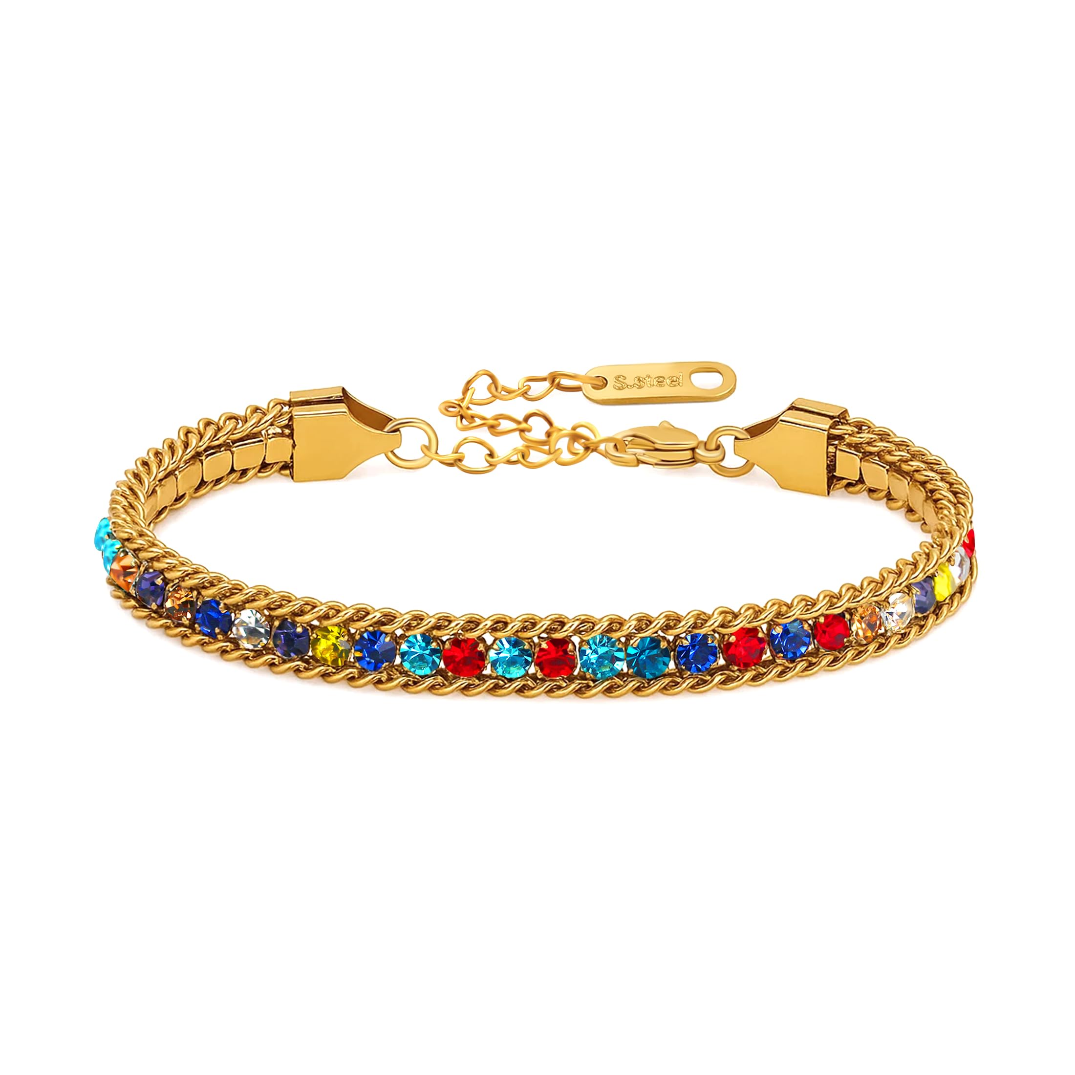 Golden Plated Stainless Steel Tennis Bracelet for Women, Colorful Cubic Zirconia 0.6cm Wide Elegant Jewelry for Mom Wife Christmas Thanksgiving YA6106