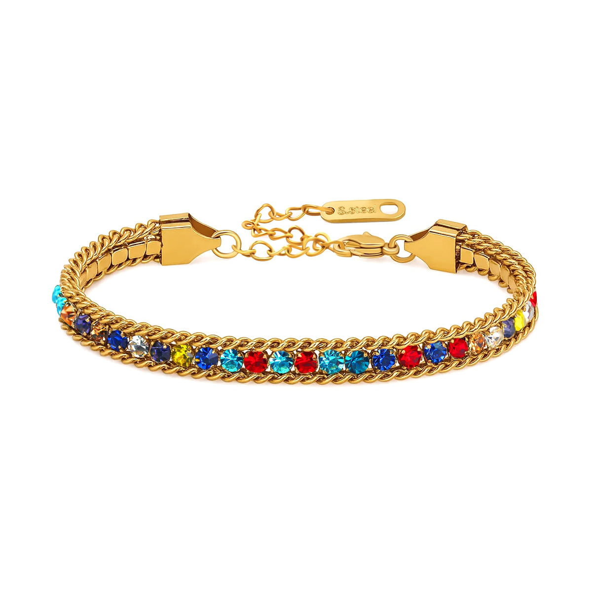 Golden Plated Stainless Steel Tennis Bracelet for Women, Colorful Cubic Zirconia 0.6cm Wide Elegant Jewelry for Mom Wife Christmas Thanksgiving YA6106