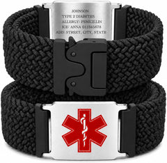 Uloveido Personalized Nylon Medical ID Bracelet with Laser-Engraved Medical Alert Tag and Dynamic QR Code, Braided Elastic Watch Band with Secure Parachute-Style Buckle, 20mm Adjustable for Men