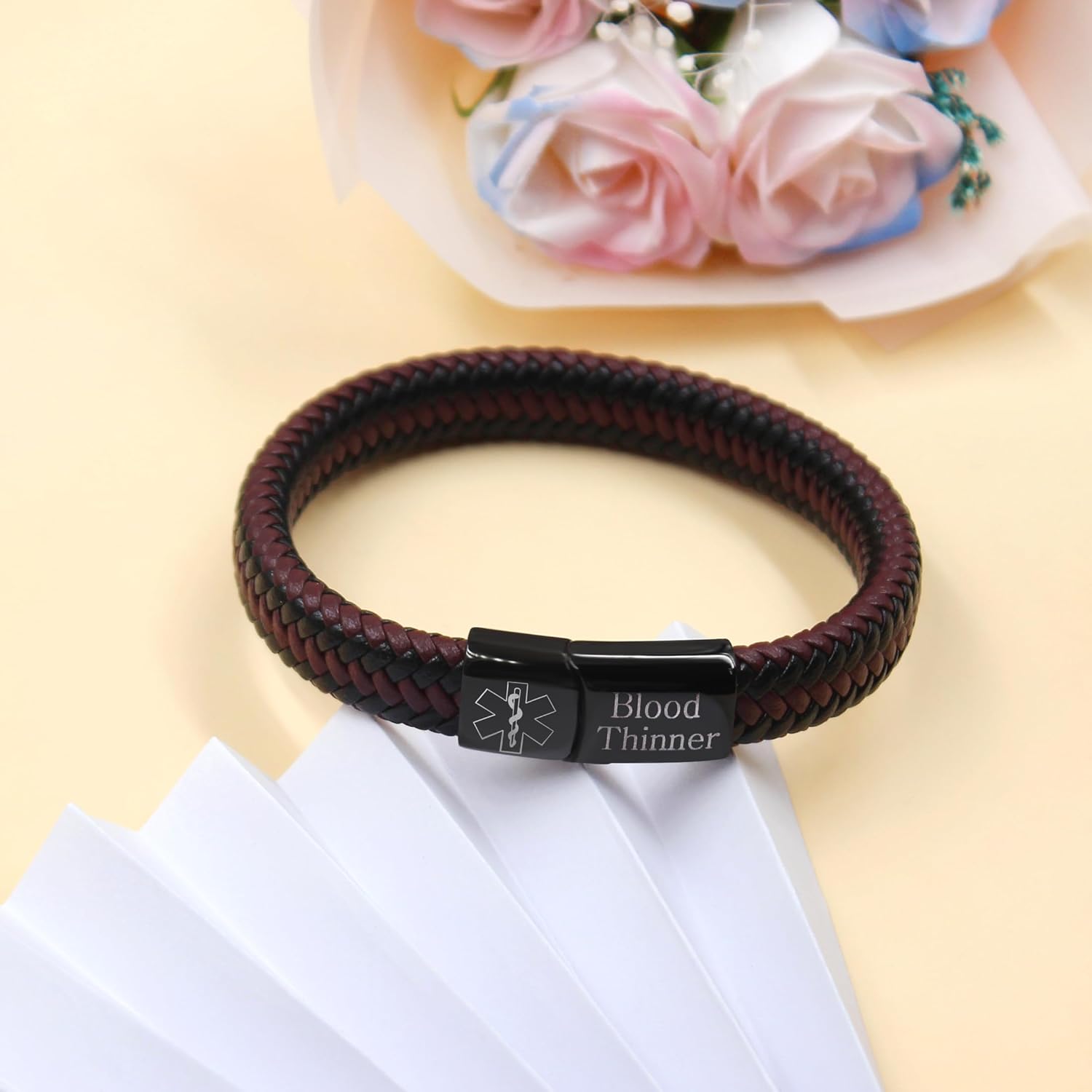 Dynamic QR Code Medical Alert Bracelet for Men Women No Medical Info Needed at Checkout PU Leather Emergency ID Cuff Bracelet Black Stainless Steel Clasp Scan to Update Health Info YA5551