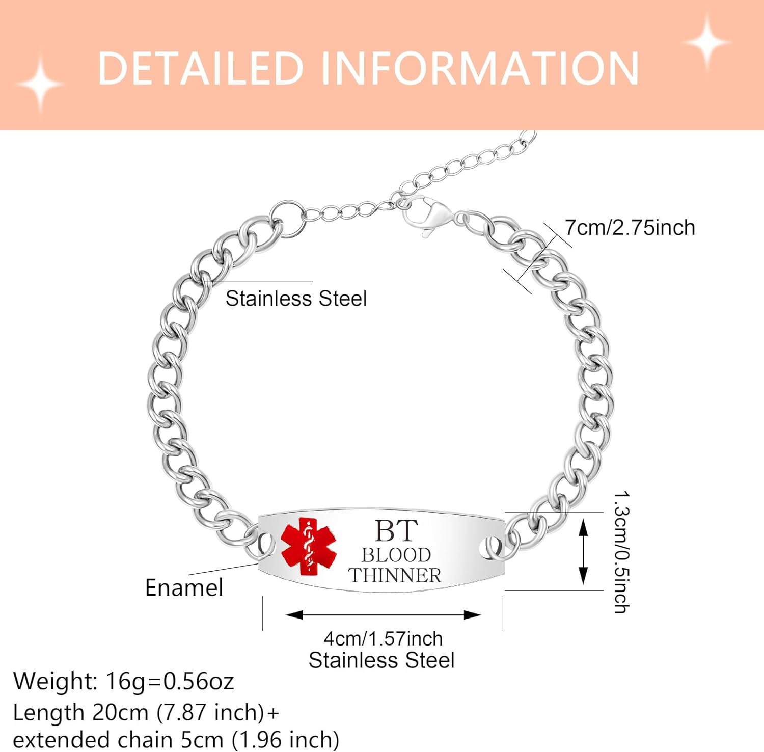 Uloveido Custom Medical ID Stainless Steel Curb Link Chain Bracelet for Men and Women – Personalized Engraved Emergency Alert Health Information Jewelry