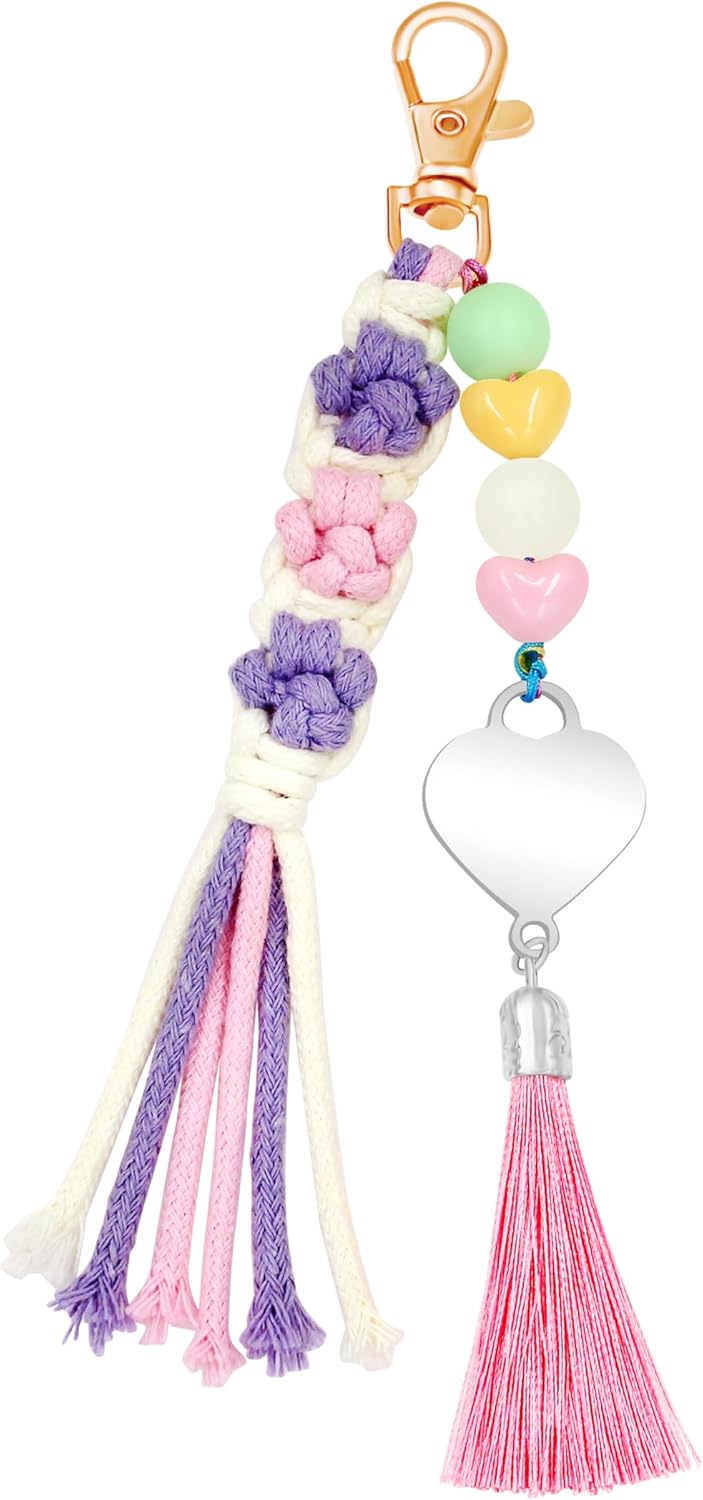 Handmade Flower Tassel Keychain Charm Boho Woven Floral Bag Pendant with Heart Beads for Women