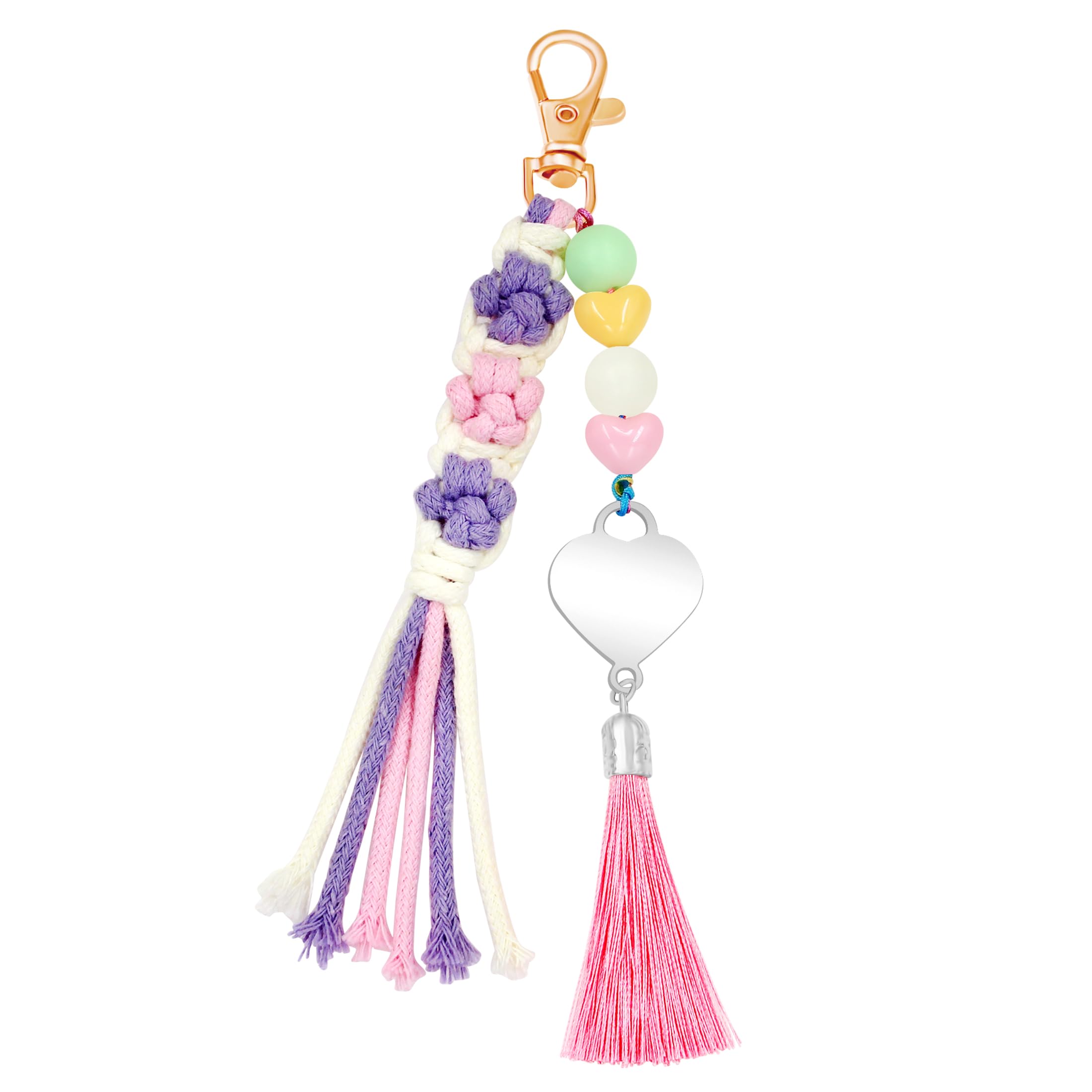 Handmade Flower Tassel Keychain Charm Boho Woven Floral Bag Pendant with Heart Beads for Women