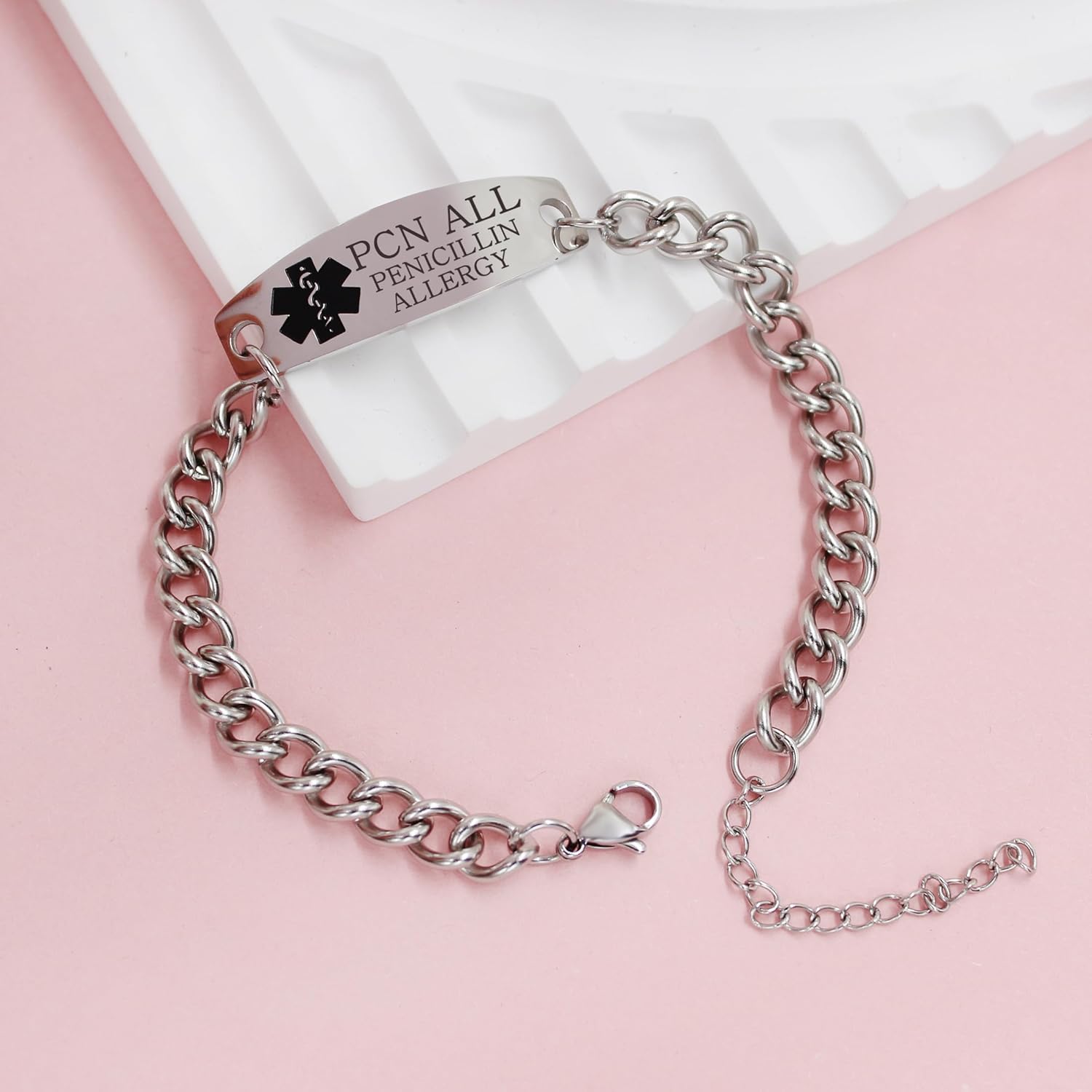 Uloveido Custom Medical ID Bracelet for Men Women, Personalized Engraved Stainless Steel Curb Link Chain Emergency Alert Jewelry, Adjustable Size Fits Adult Wrists (21cm+5cm)