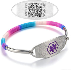 Stainless Steel Medical Alert Bracelet with Purple Symbol, Adjustable Rope Wrapped ID Bracelet, Laser Engraved or Dynamic QR Code, Allergy Emergency Contact Health Information Wristband for Women Men