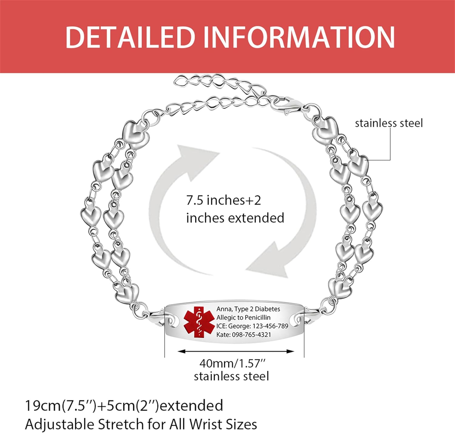 Medical Alert Bracelets for Women Men Free Engraving, Personalized Customizable Medical ID Bracelet, Double Chain Heart Wristband YA3985