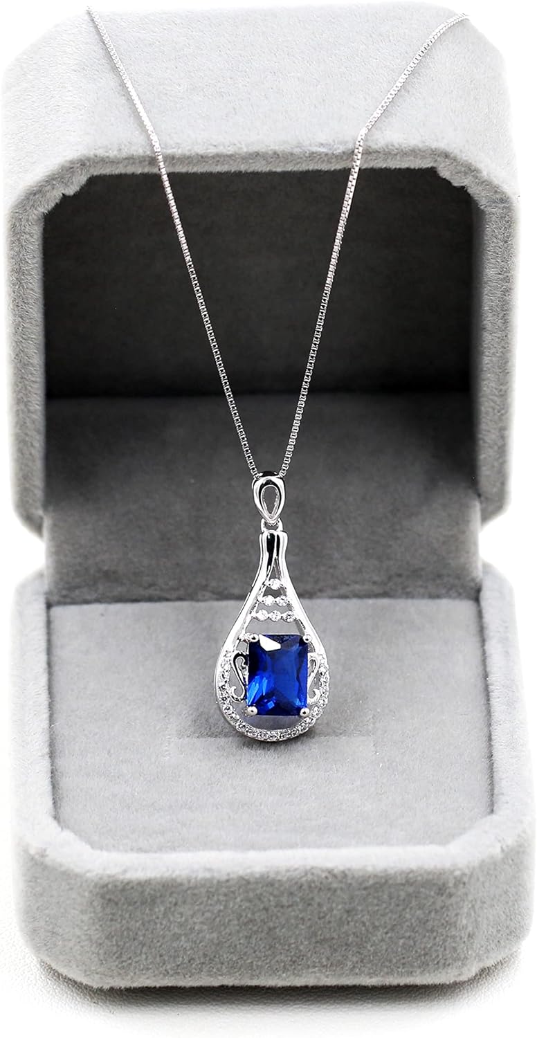 Uloveido September Birthstone Blue Corundum Sapphire Necklace Pendant Sterling Silver for Women with Cubic Zirconia