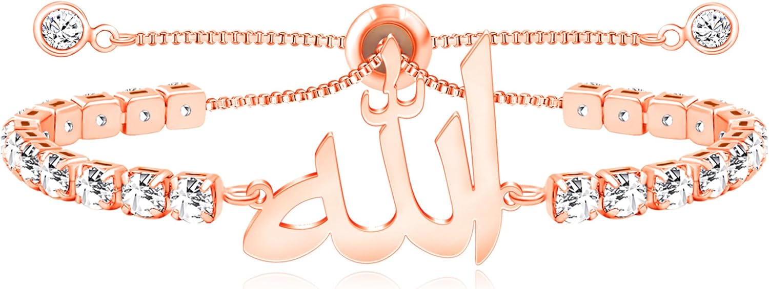 Arabic Allah Script Cubic Zirconia Tennis Bracelet for Women Stainless Steel Adjustable Islamic Faith Jewelry Sparkling Muslim Bracelet Elegant Religious Gift for Mom Wife Sister Daughter Ramadan Eid