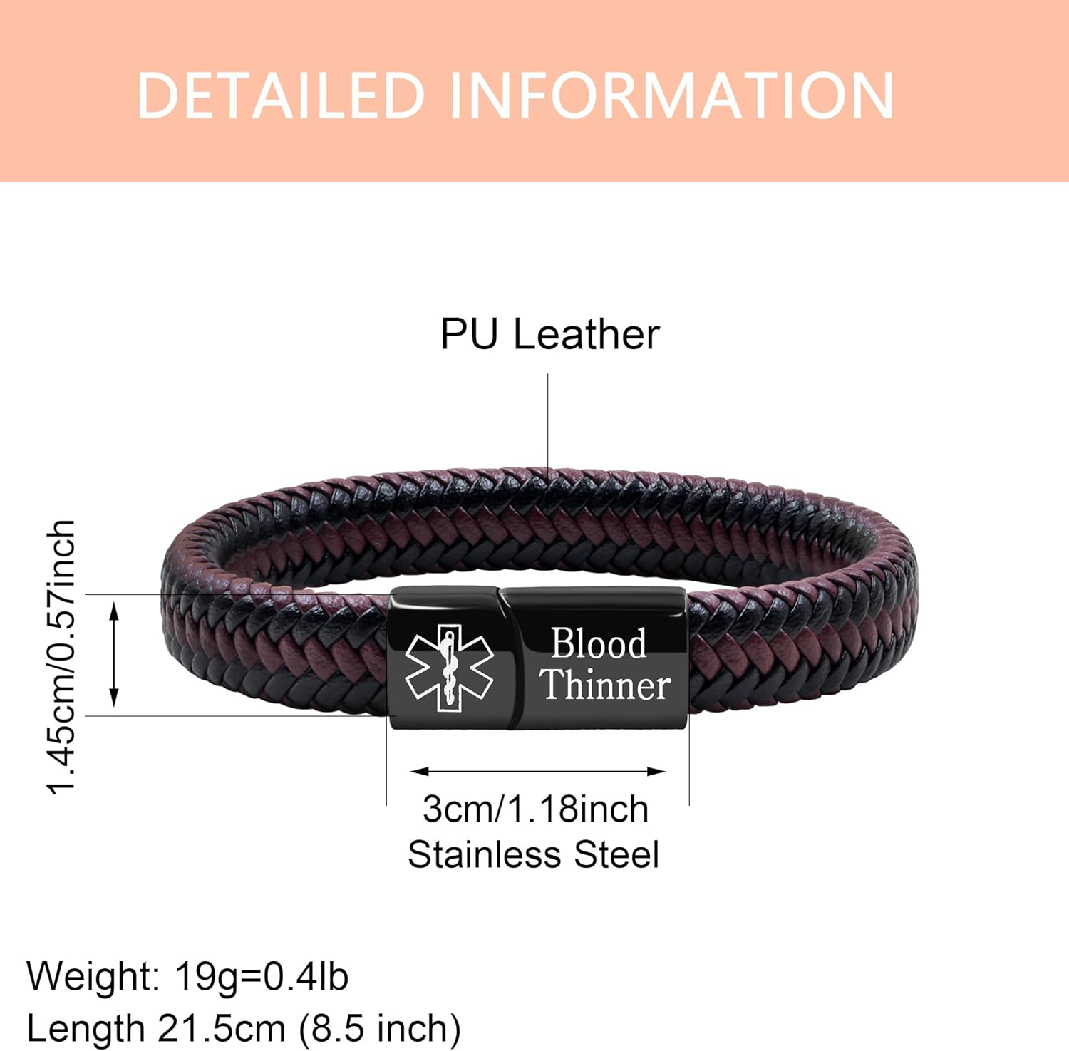 Dynamic QR Code Medical Alert Bracelet for Men Women No Medical Info Needed at Checkout PU Leather Emergency ID Cuff Bracelet Black Stainless Steel Clasp Scan to Update Health Info YA5551