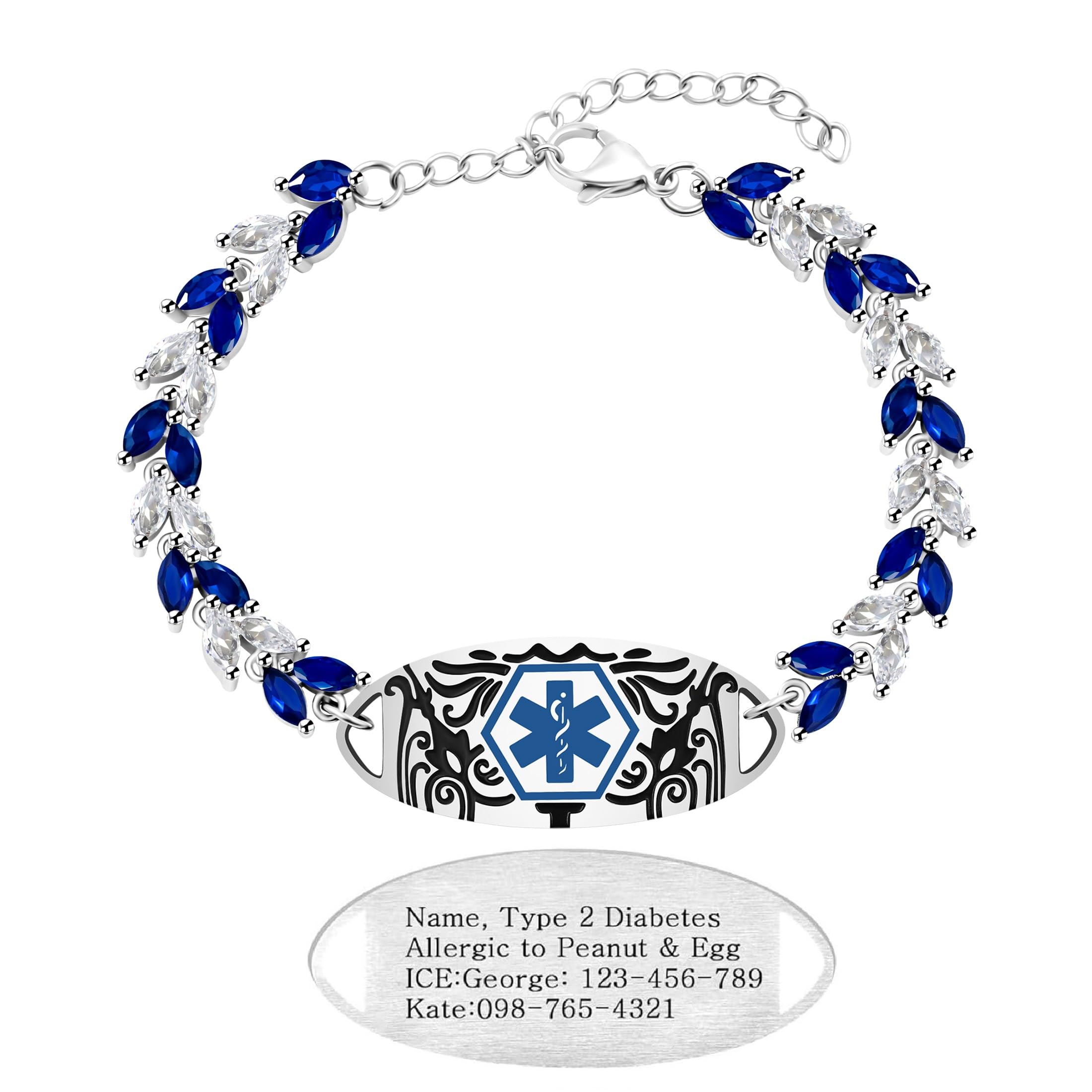 Uloveido Blue & White Leaf CZ Medical Alert Bracelet for Women | Dynamic QR Code or Custom Engraved ID Jewelry | Emergency Contact Allergy Health Info Stainless Steel & Copper Adjustable Wristband