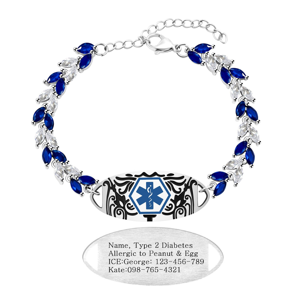 Uloveido Blue & White Leaf CZ Medical Alert Bracelet for Women | Dynamic QR Code or Custom Engraved ID Jewelry | Emergency Contact Allergy Health Info Stainless Steel & Copper Adjustable Wristband