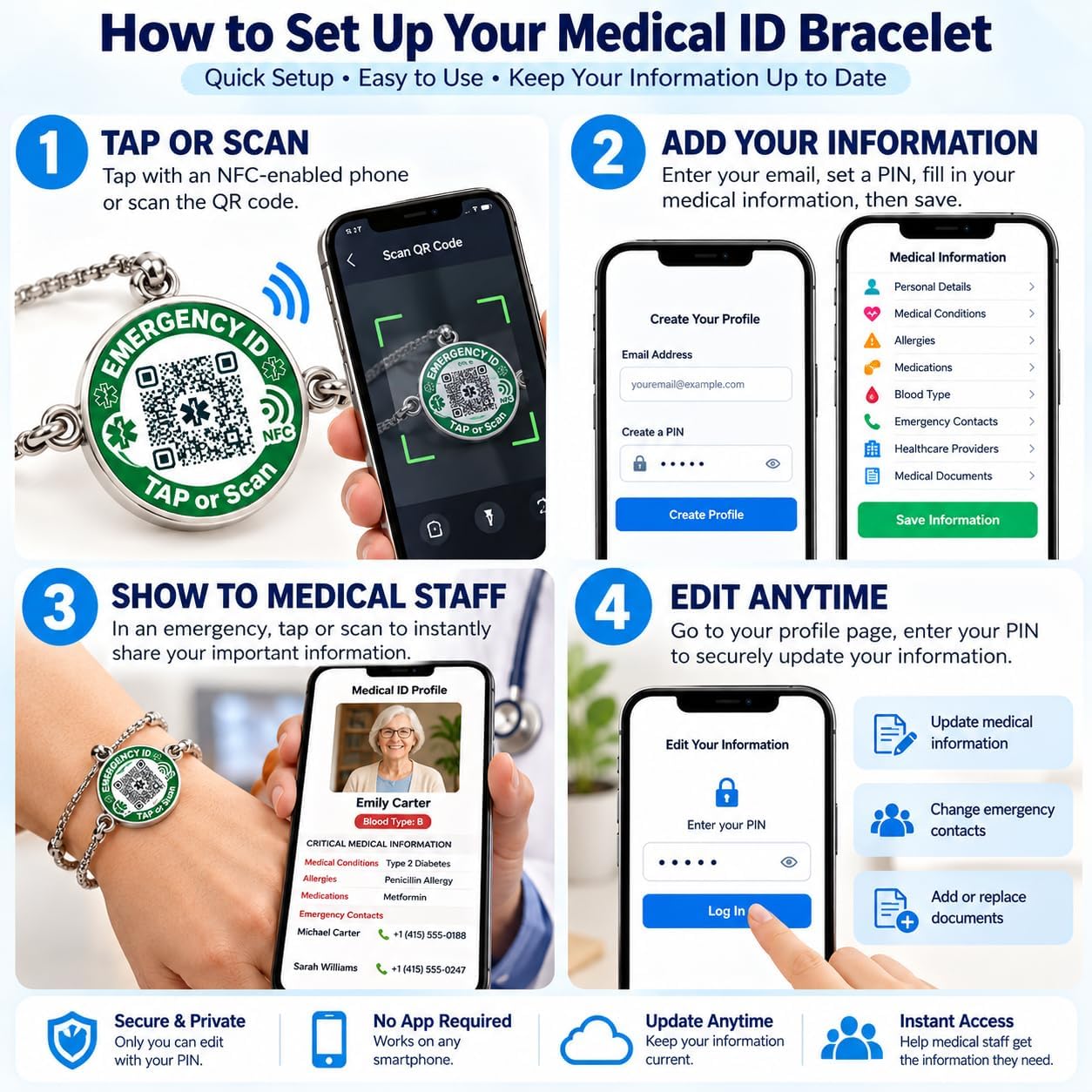 Uloveido NFC QR Medical ID Bracelet, Editable Emergency Medical Profile