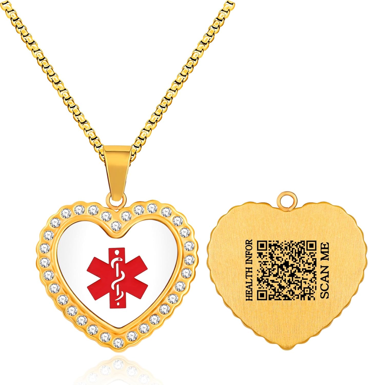 Uloveido Free Engraving Medical Alert Necklace – Heart-Shaped Gold-Plated Pendant with Zircon Accents, Custom Medical ID Jewelry, Allergy-Safe 50cm Chain, Unisex for Seniors, Sports, and Active Lifestyle