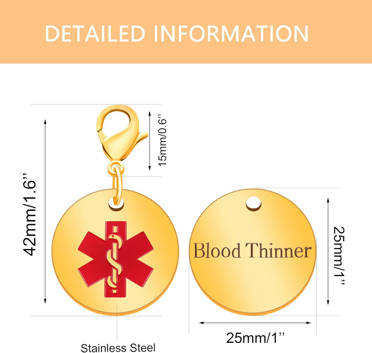 Medical Keychain Round Waterproof Stainless Steel Free Customizable Emergency Medical Jewelry for Men Women Seniors
