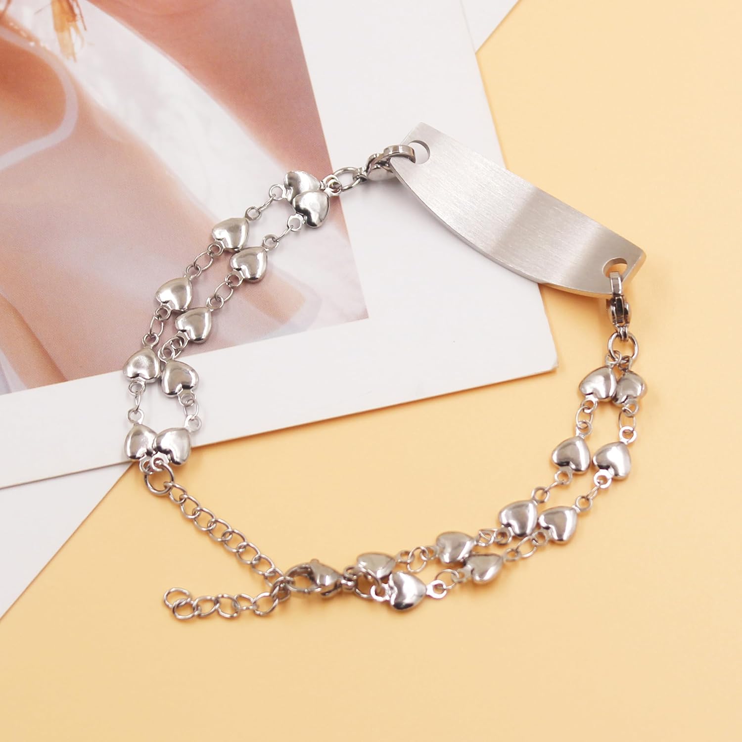 Uloveido Heart Medical ID Bracelet for Women, Double Chain Stainless Steel Emergency Info Wristband, Dynamic QR Code or Personalized Engraving, Adjustable Safety Jewelry for Daily Wear
