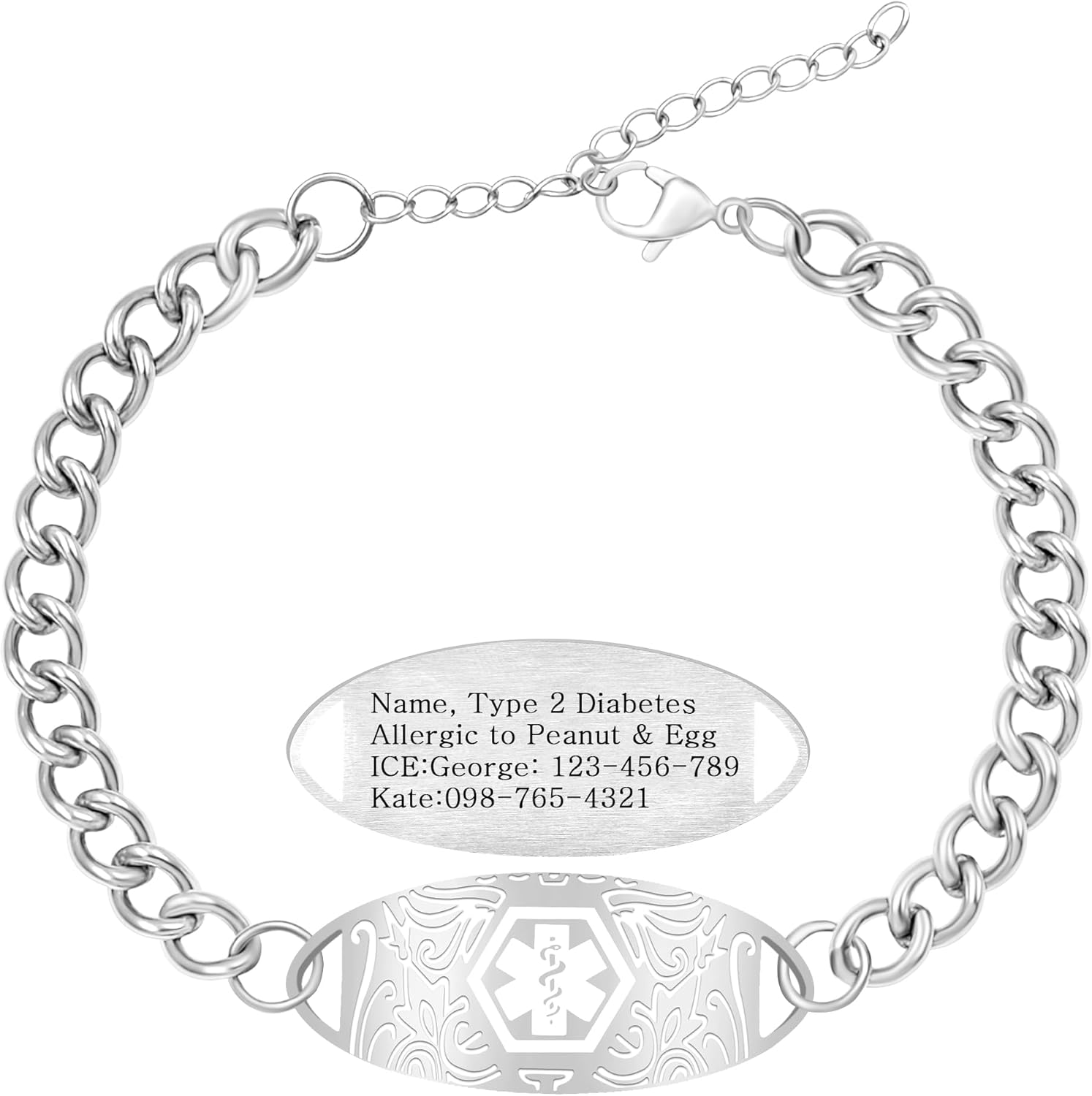 Uloveido Custom Medical ID Stainless Steel Curb Link Chain Bracelet for Men and Women – Personalized Engraved Emergency Alert Health Information Jewelry