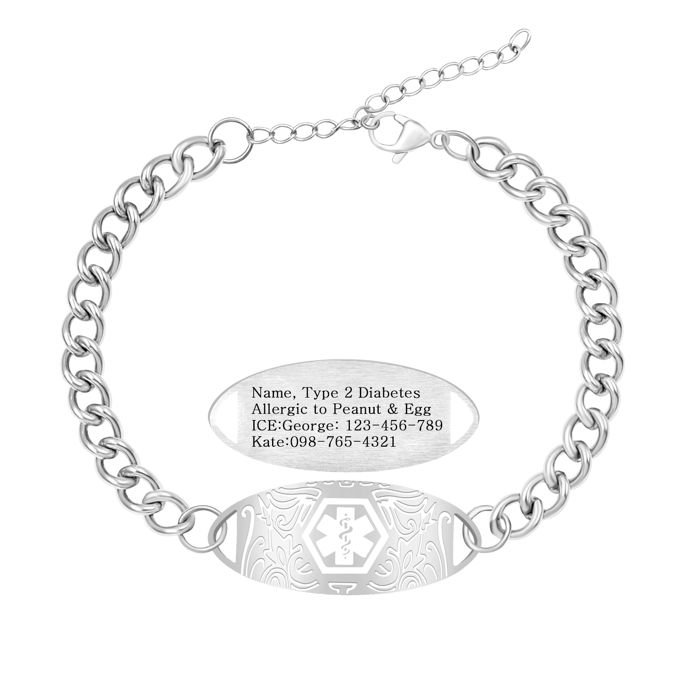 Uloveido Custom Medical ID Bracelet for Men Women | Personalized Engraved Stainless Steel Curb Link Chain Bracelet | Emergency Alert Health Information Jewelry Adjustable 20-25cm
