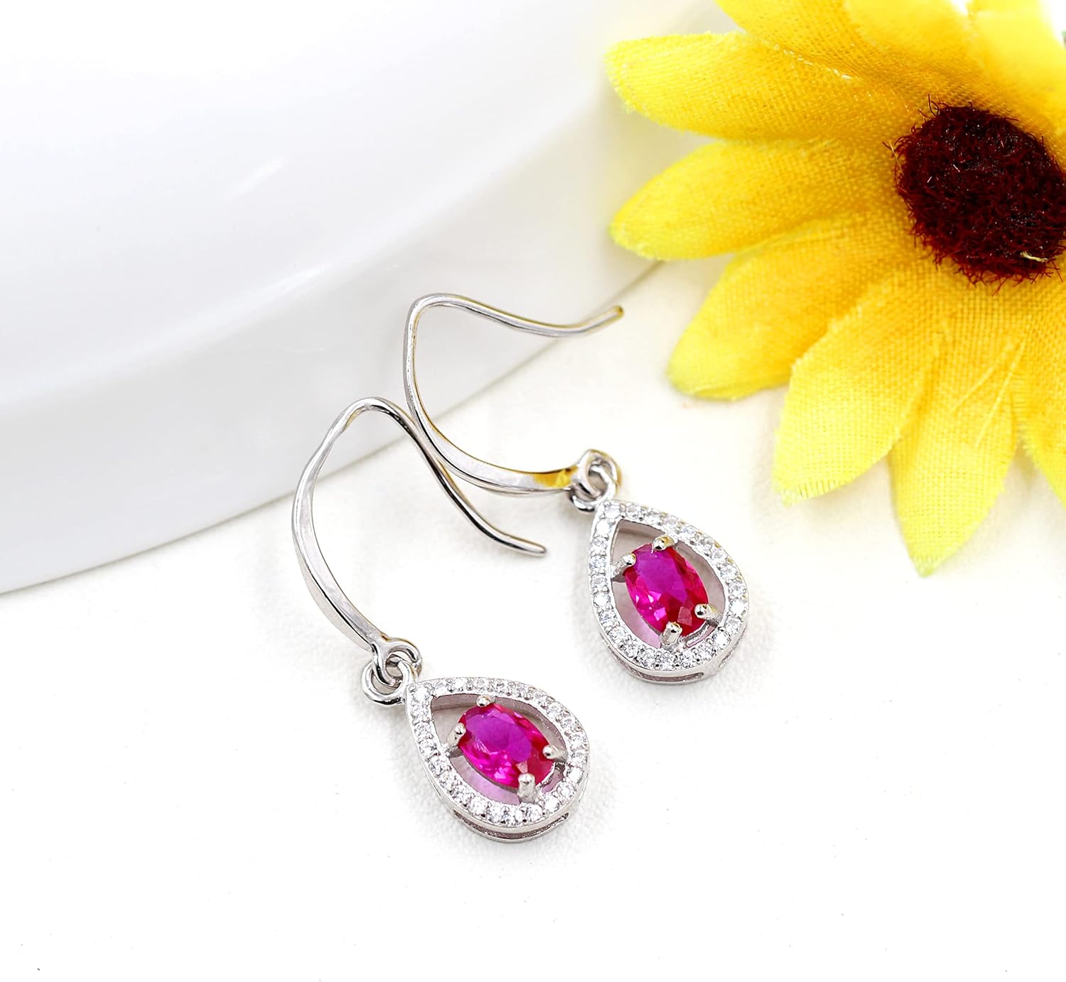 925 Sterling Silver Red Ruby Earrings Natural Gemstone Teardrop Dangle Earrings Birthstone Gifts for Women FR027