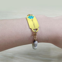 Exquisite Elastic Alert Bracelet for Women, Custom Medical ID Bracelet with Stainless Steel Tag & 6mm Natural Amazon Stone Chain, Secure Fit for Birthdays, Holidays, Family Gatherings