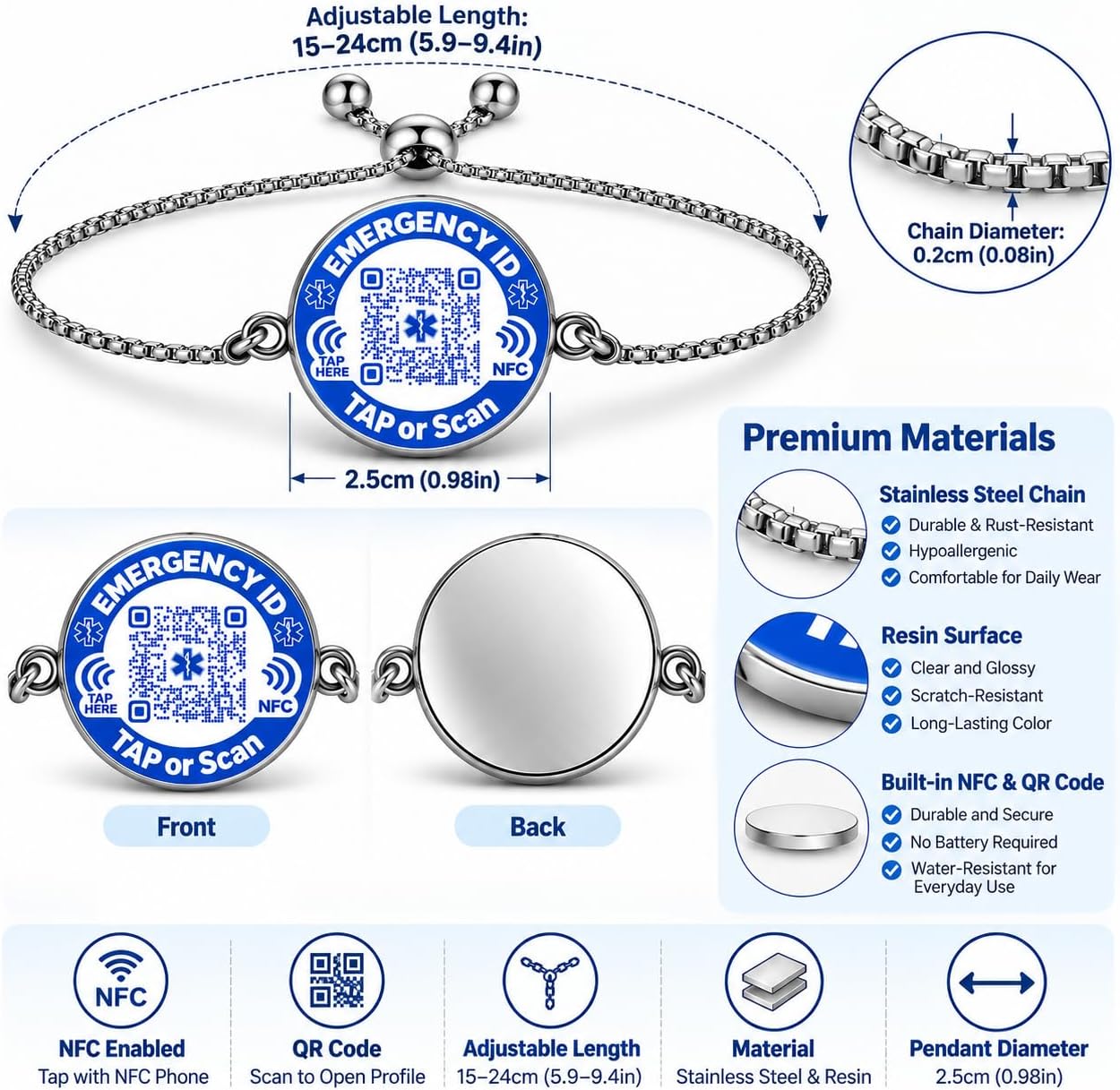 Uloveido NFC QR Medical ID Bracelet, Editable Emergency Medical Profile