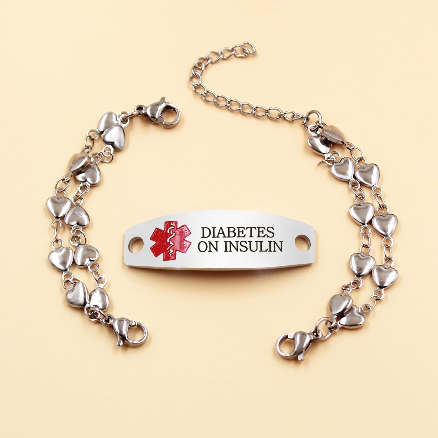 Uloveido Heart Medical ID Bracelet for Women, Double Chain Stainless Steel Emergency Info Wristband, Dynamic QR Code or Personalized Engraving, Adjustable Safety Jewelry for Daily Wear