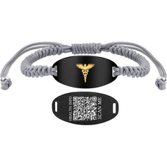 Adjustable Gray Braided Medical Alert Bracelet for Men Women, Dynamic QR Code or Custom Engraved ID Plate, Silver or Black Stainless Steel Emergency Contact Bracelet with Golden Medical Symbol