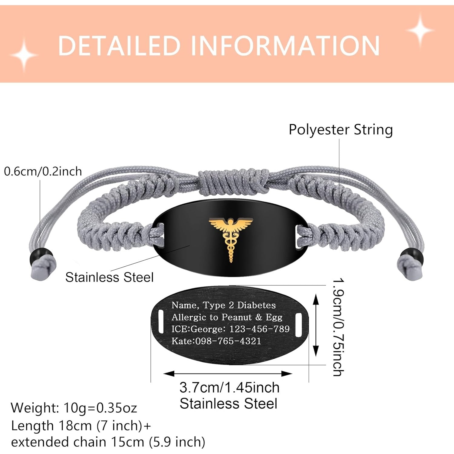 Adjustable Gray Braided Medical Alert Bracelet for Men Women, Dynamic QR Code or Custom Engraved ID Plate, Silver or Black Stainless Steel Emergency Contact Bracelet with Golden Medical Symbol