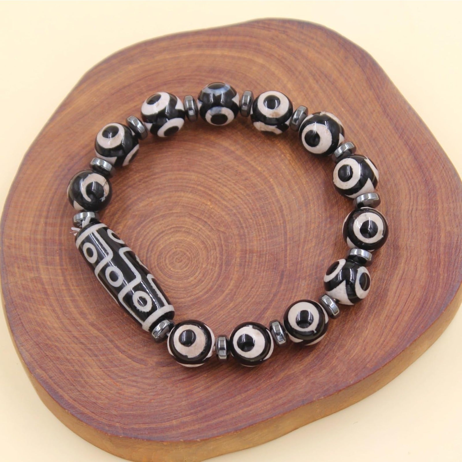Dzi Bead Tibetan Bracelet for Men Women | Nine Eye Dzi Agate Beaded Bracelet with Hematite Spacers | Feng Shui Buddhist Meditation Amulet Adjustable Style Jewelry Brown Green Black YA5102