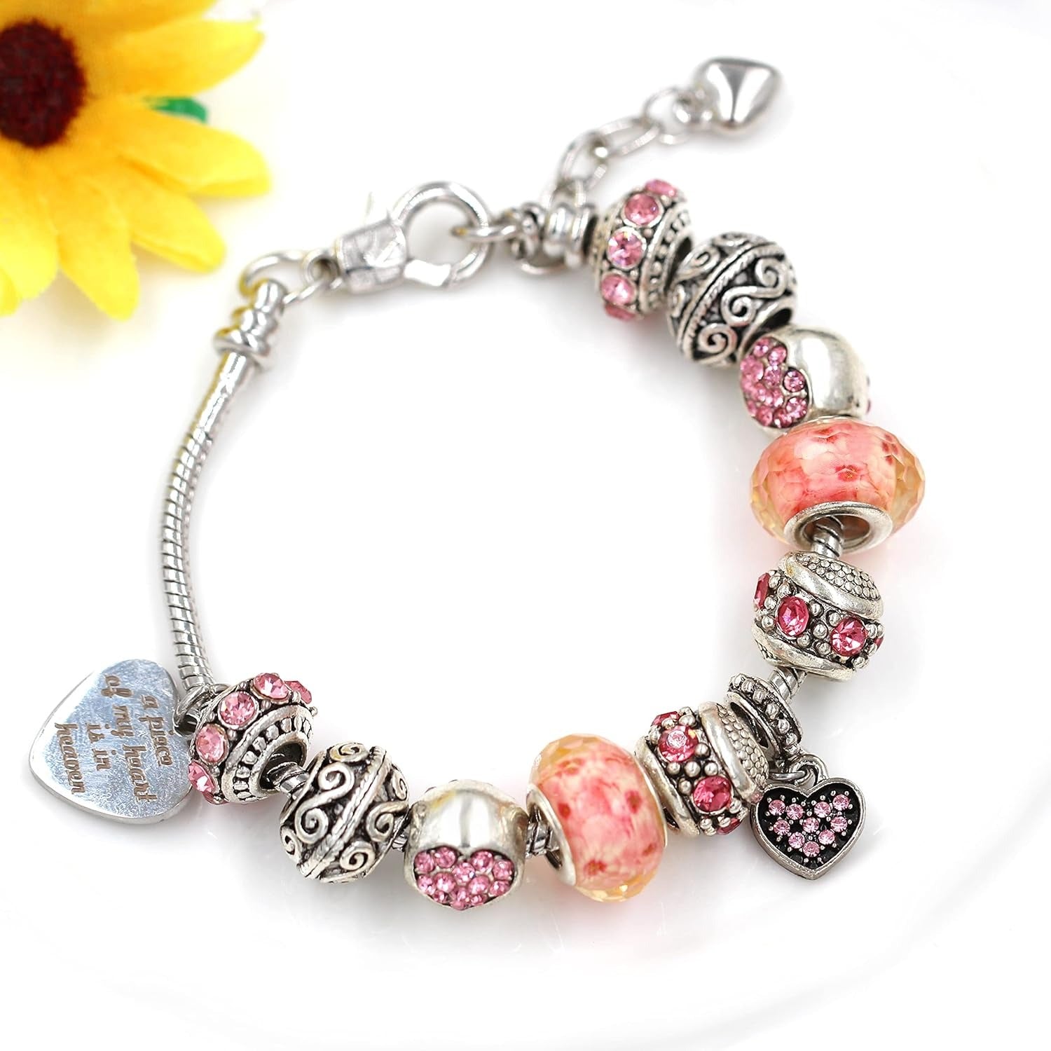 Personalized Pink Charm Bracelet for Women | Laser Engraved Heart Pendant Beaded Bracelet | Custom Name European Style Jewelry Gift for Her