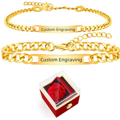 Uloveido 2PCS Personalized Couple Chain Bracelets, Custom Engraved Stainless Steel His and Hers Matching Bracelets for Men Women, Adjustable Jewelry Gift with Rose Box YA5889