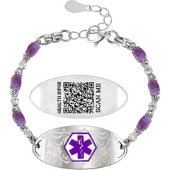 Purple Zirconia Medical Alert Bracelet for Women, Stainless Steel Medical ID Bracelet with Laser Engraved Custom Text, Lightweight Emergency Jewelry for Daily Sports Travel Wear
