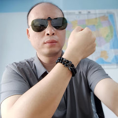 Men’s Elastic Skull Bracelet 2 Piece Set | 8mm Black Obsidian Beaded Skeleton Bracelet | Healing Energy Jewelry Gift for Him