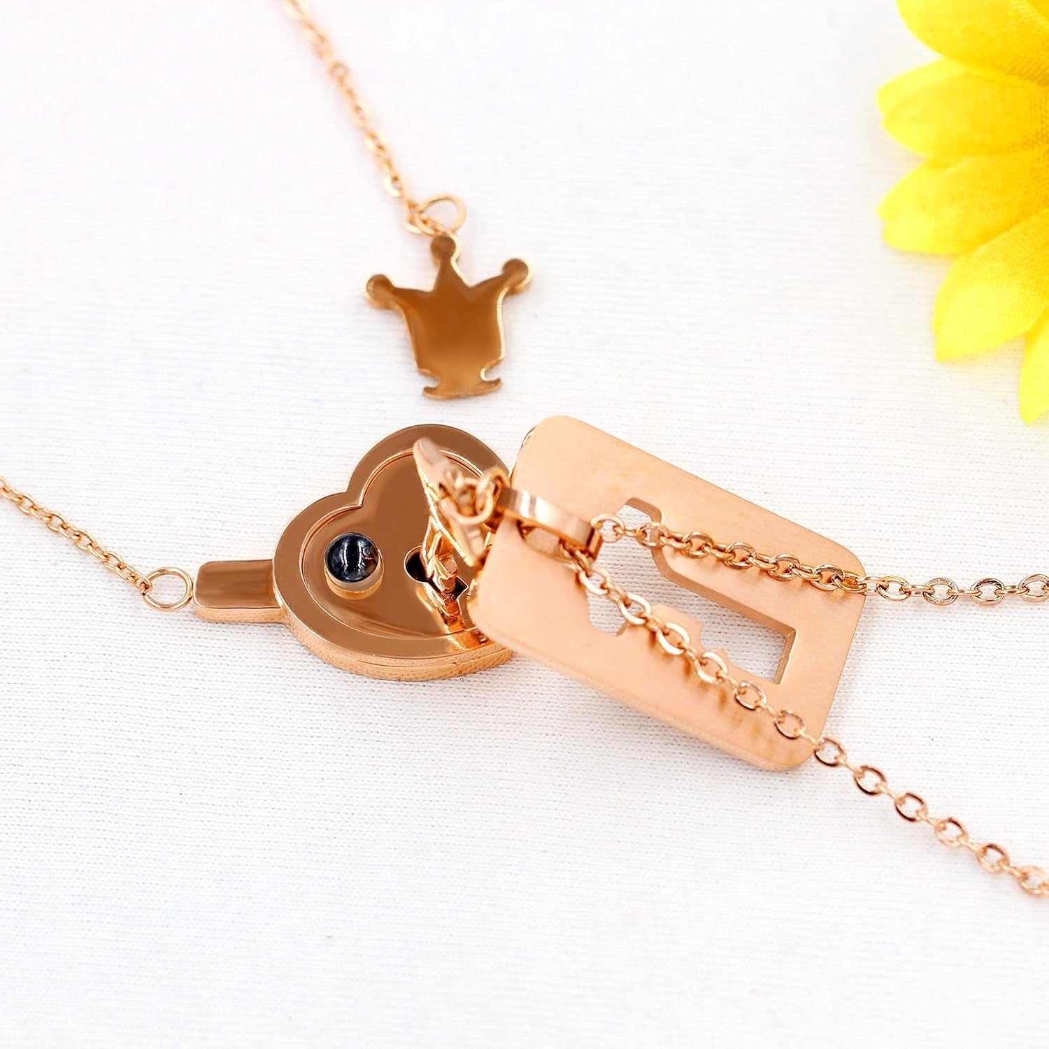 Personalized Stainless Steel Heart Lock & Key Necklace Set for Couples | 100 Languages I Love You Projection Jewelry | Custom Name Engraved Matching Pendant for Wedding Anniversary Gift