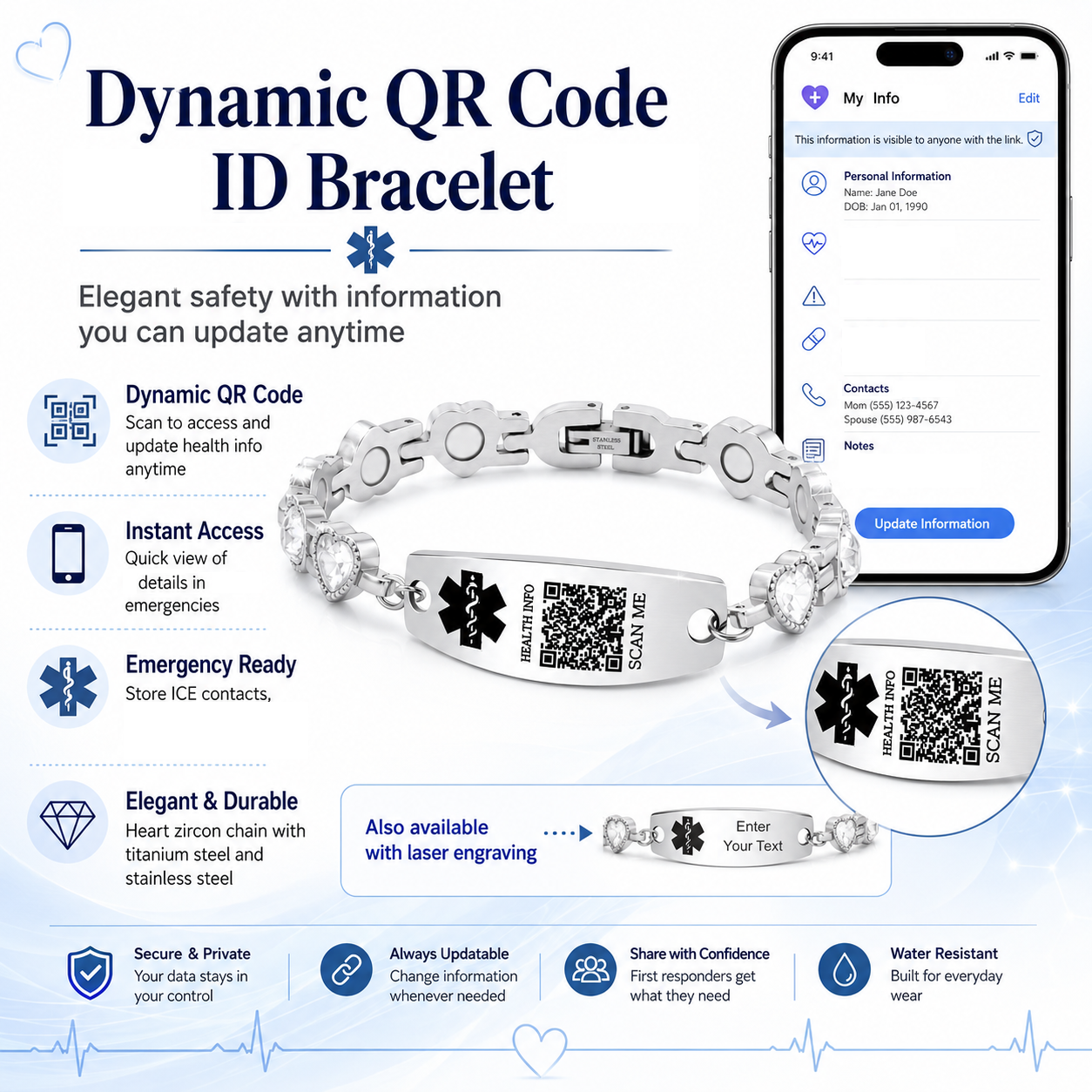Women’s Medical ID Bracelet with Heart Shaped Zircon Link Chain, Adjustable Stainless Steel Emergency Alert Bracelet, Personalized Engraved Health Info Jewelry for Daily Wear